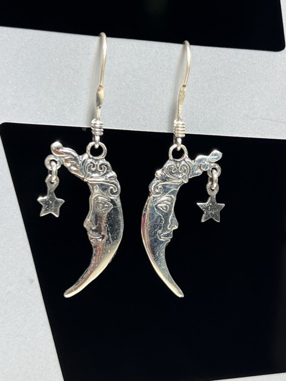 925 Sterling Silver Moon Face and Star Dangle Earrings